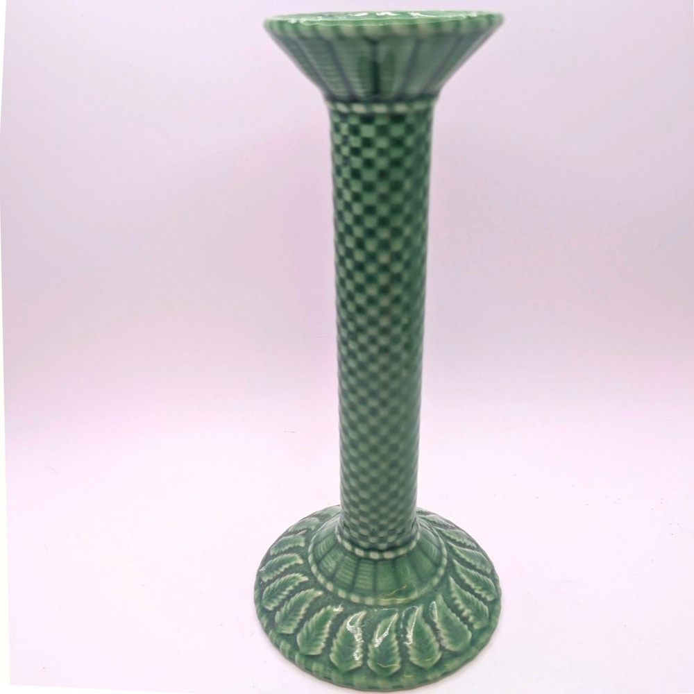Vtg Pier 1 Imports Ceramic Candlestick Holder Green Check Leaf Plant Portugal 9"